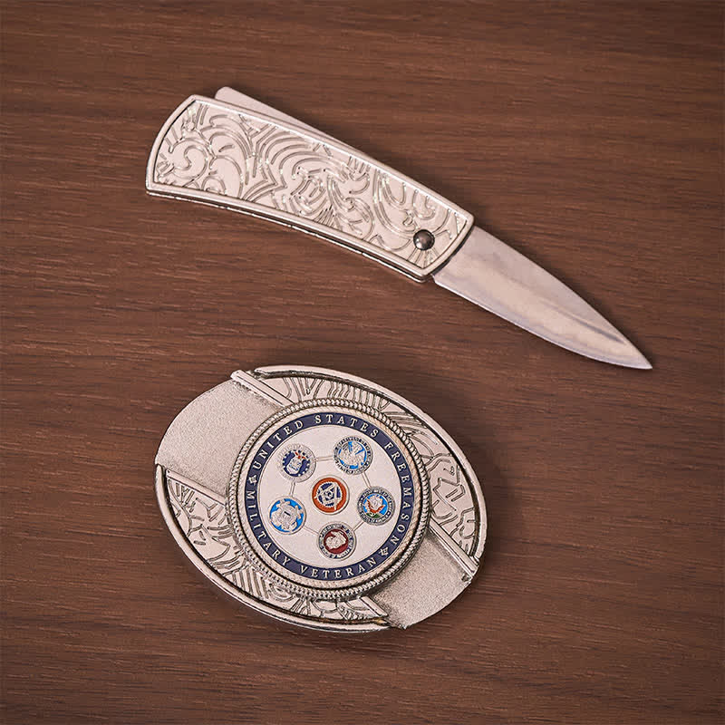 US Military Veteran Freemason DIY Hidden Folding Knife Buckle Leather Belt - image 1