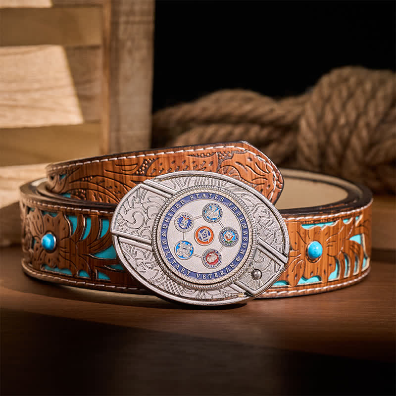 US Military Veteran Freemason DIY Hidden Folding Knife Buckle Leather Belt - Veteran Freemason - Turquoise Carved Belt - 42 - image 3