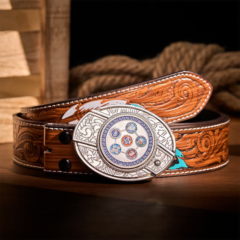 US Military Veteran Freemason DIY Hidden Folding Knife Buckle Leather Belt - Veteran Freemason - Brown Feather Belt - 40 - image 7