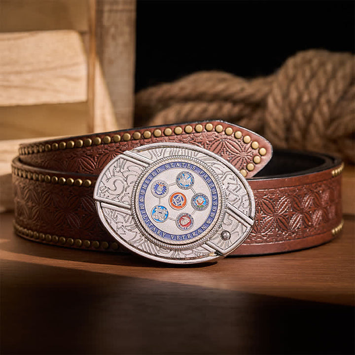 US Military Veteran Freemason DIY Hidden Folding Knife Buckle Leather Belt - Veteran Freemason - Brown Rivet Belt - 42 - image 4
