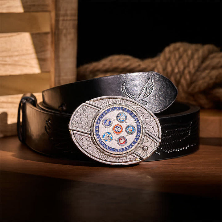 US Military Veteran Freemason DIY Hidden Folding Knife Buckle Leather Belt - Veteran Freemason - Black Embossed Eagle Belt - 42 - image 2