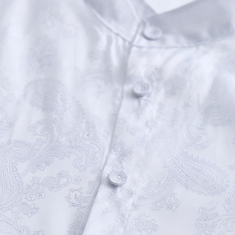 Men's Dark Jacquard Satin Rose Stand Collar Long Sleeve Shirt - image 8