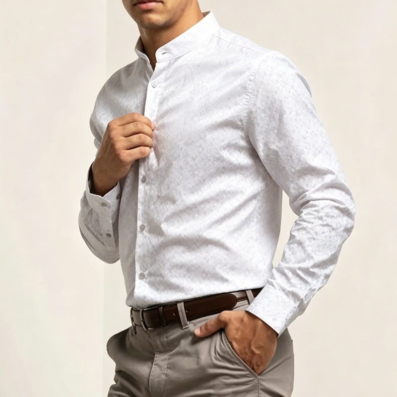Men's Dark Jacquard Satin Rose Stand Collar Long Sleeve Shirt - image 4