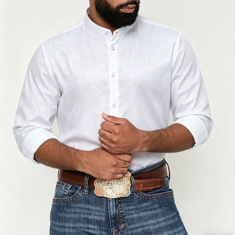 Men's Dark Jacquard Satin Rose Stand Collar Long Sleeve Shirt - image 2