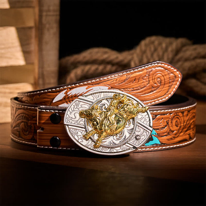 Bold Silver & Gold Bronc Rider DIY Hidden Folding Knife Buckle Leather Belt - Bronc Rider - Brown Feather Belt - 40 - image 7