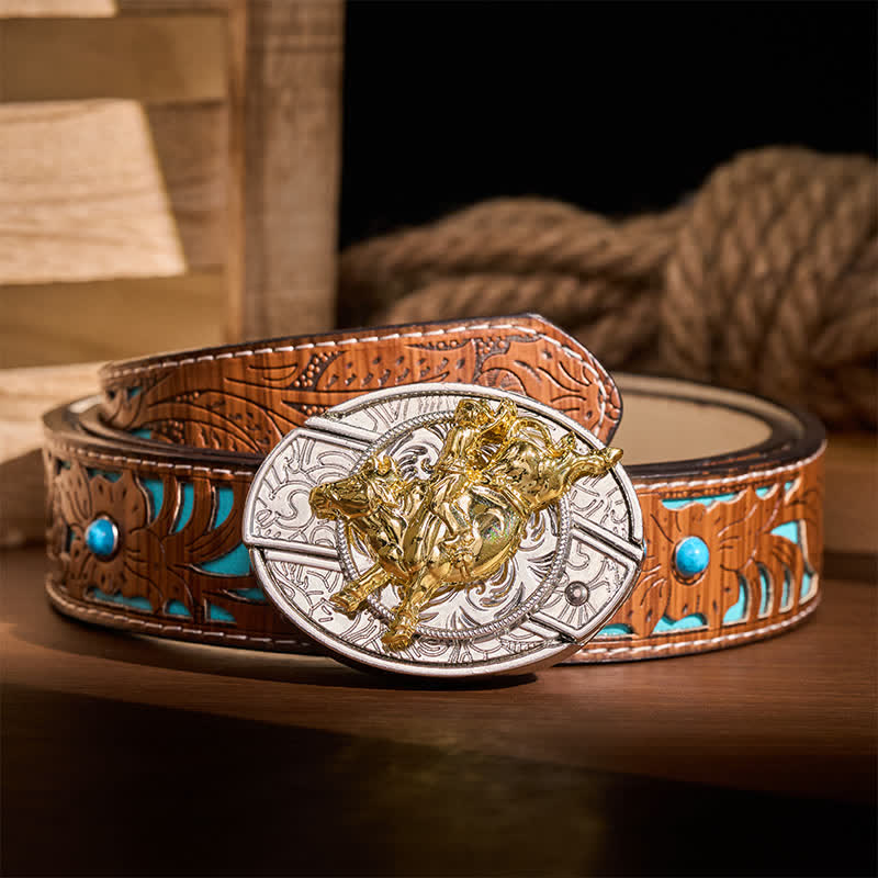 Bold Silver & Gold Bronc Rider DIY Hidden Folding Knife Buckle Leather Belt - Bronc Rider - Turquoise Carved Belt - 42 - image 3