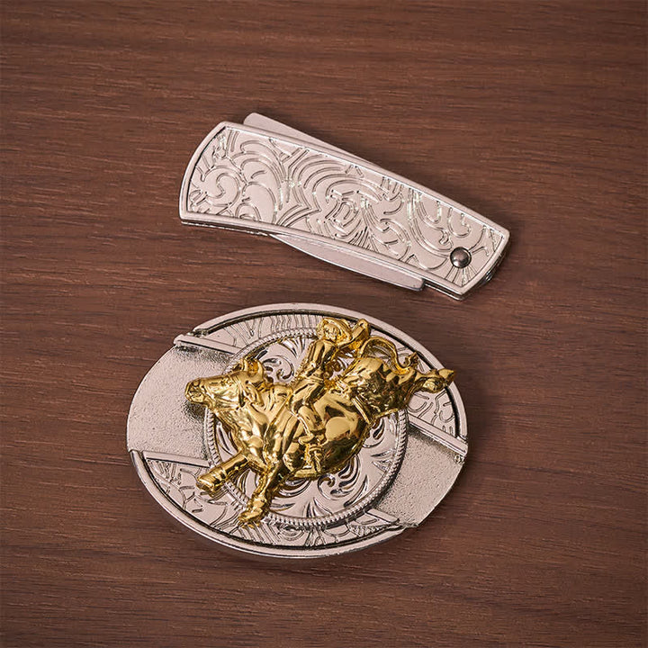 Bold Silver & Gold Bronc Rider DIY Hidden Folding Knife Buckle Leather Belt - image 10