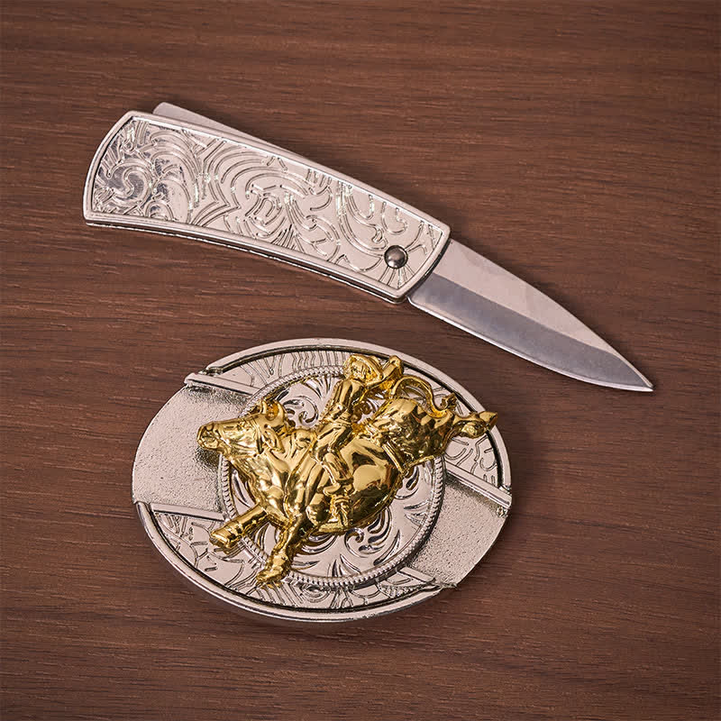 Bold Silver & Gold Bronc Rider DIY Hidden Folding Knife Buckle Leather Belt - image 1