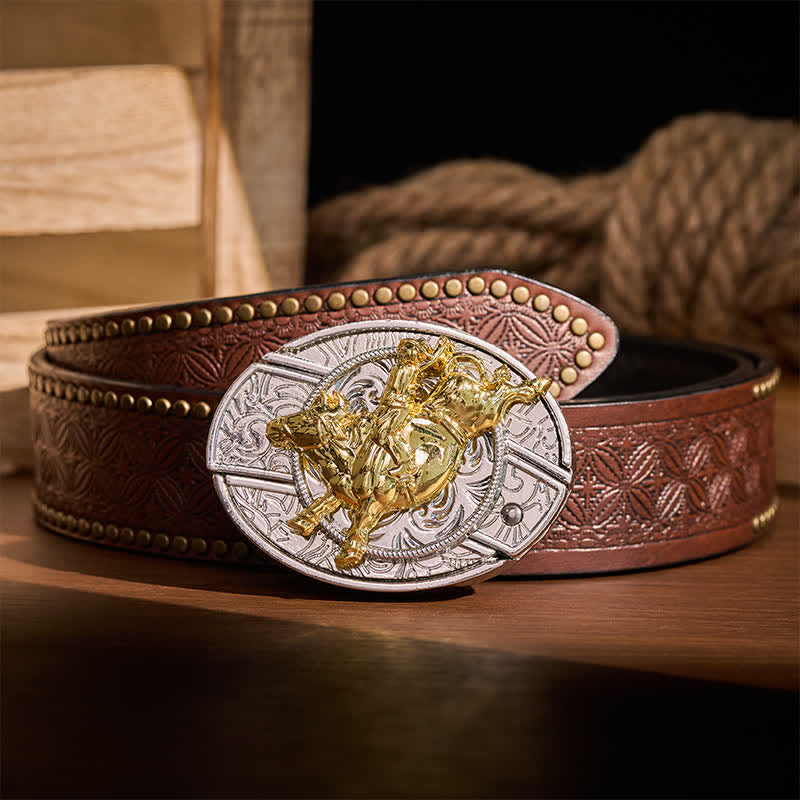 Bold Silver & Gold Bronc Rider DIY Hidden Folding Knife Buckle Leather Belt - Bronc Rider - Brown Rivet Belt - 42 - image 4