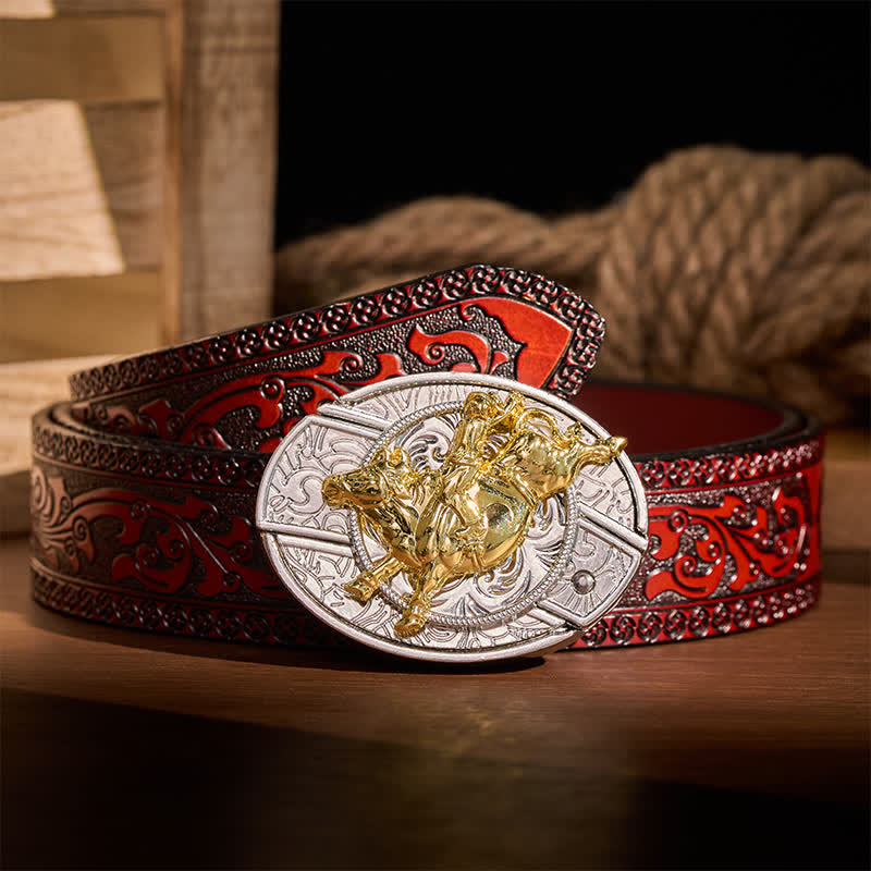 Bold Silver & Gold Bronc Rider DIY Hidden Folding Knife Buckle Leather Belt - Bronc Rider - Brown Carved Belt - 42 - image 6