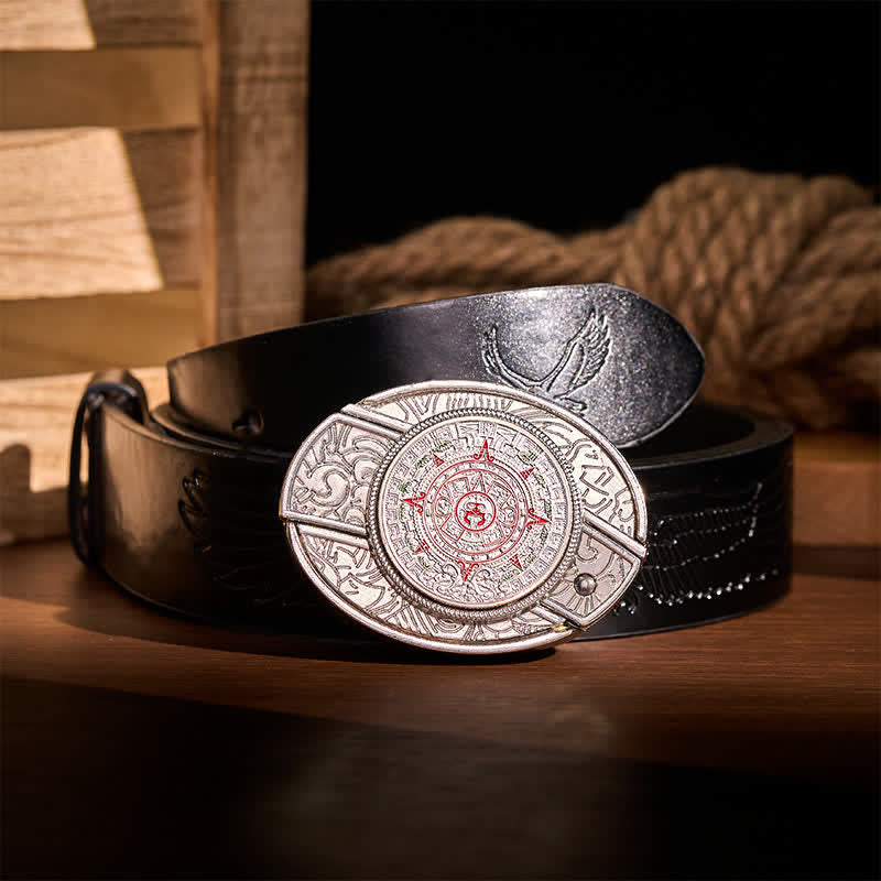 Aztec Mayan Calendar DIY Hidden Folding Knife Buckle Leather Belt - Aztec Mayan Calendar - Black Embossed Eagle Belt - 42 - image 2