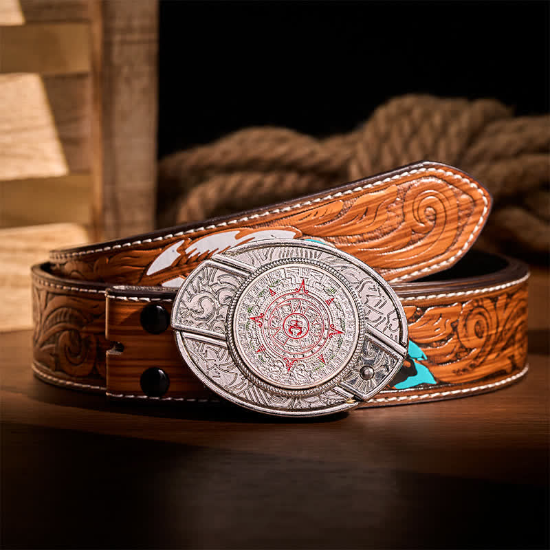 Aztec Mayan Calendar DIY Hidden Folding Knife Buckle Leather Belt - Aztec Mayan Calendar - Brown Feather Belt - 40 - image 7