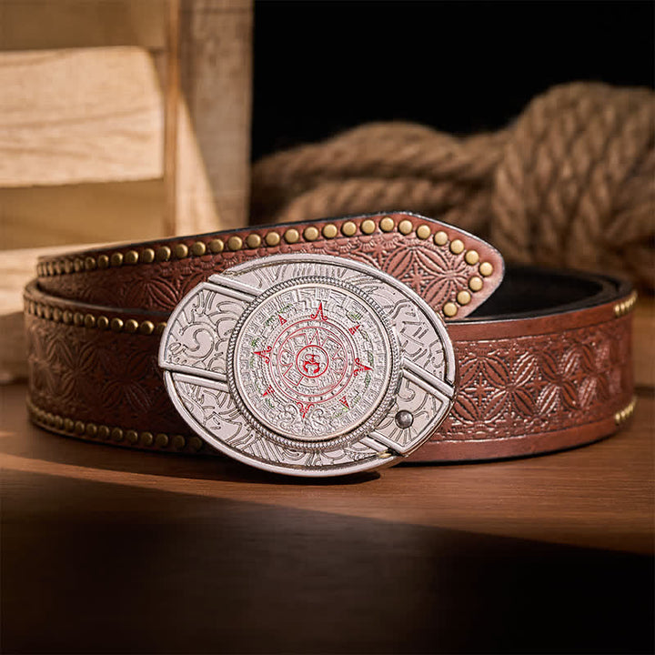Aztec Mayan Calendar DIY Hidden Folding Knife Buckle Leather Belt - Aztec Mayan Calendar - Brown Rivet Belt - 42 - image 4