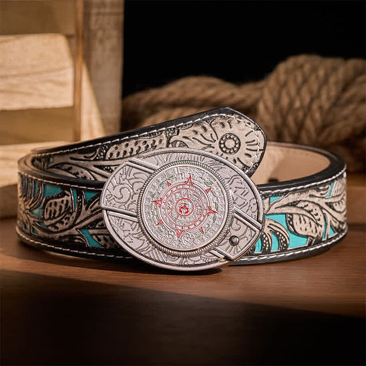 Aztec Mayan Calendar DIY Hidden Folding Knife Buckle Leather Belt - Aztec Mayan Calendar - Gray Floral Belt - 42 - image 8