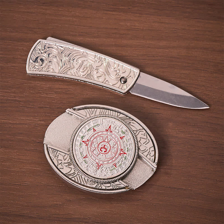 Aztec Mayan Calendar DIY Hidden Folding Knife Buckle Leather Belt - image 1