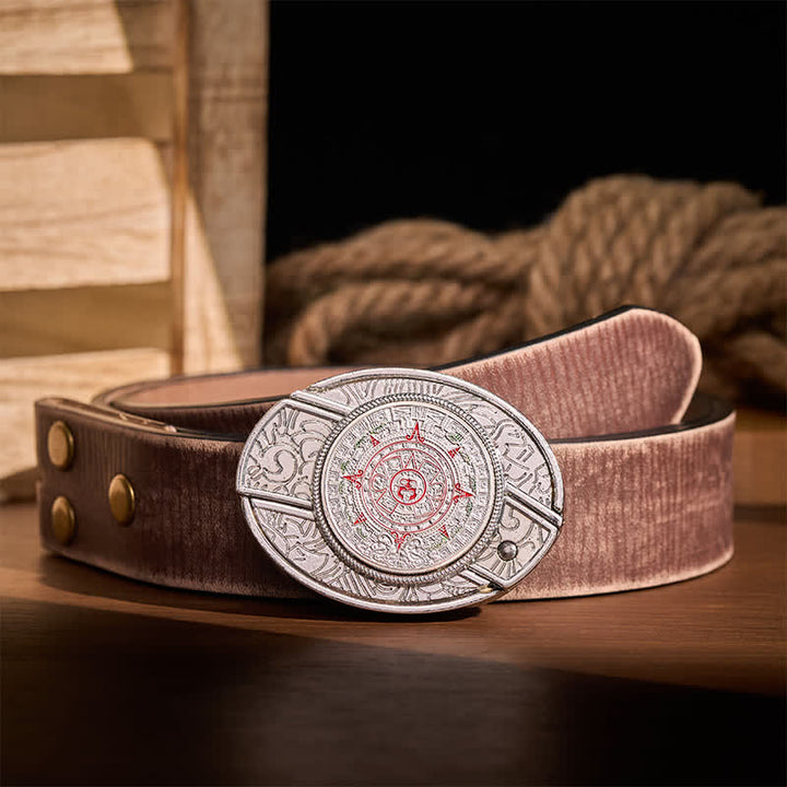 Aztec Mayan Calendar DIY Hidden Folding Knife Buckle Leather Belt - Aztec Mayan Calendar - Brown Distressed Belt - 42 - image 5