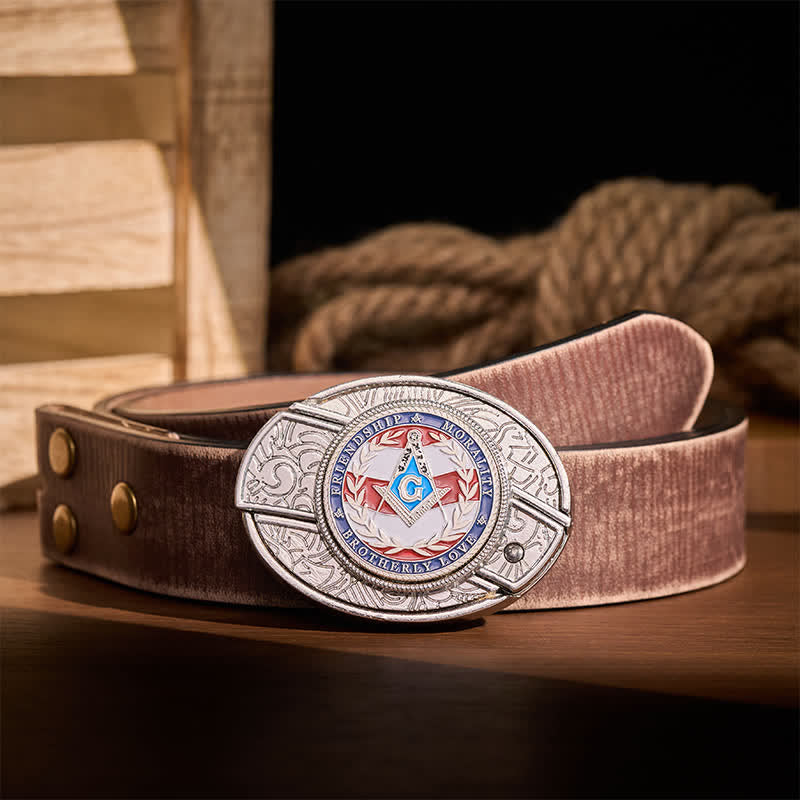 Brotherly Love Masonic Symbol DIY Hidden Folding Knife Buckle Leather Belt - Silver - Brown Distressed Belt - 42 - image 4