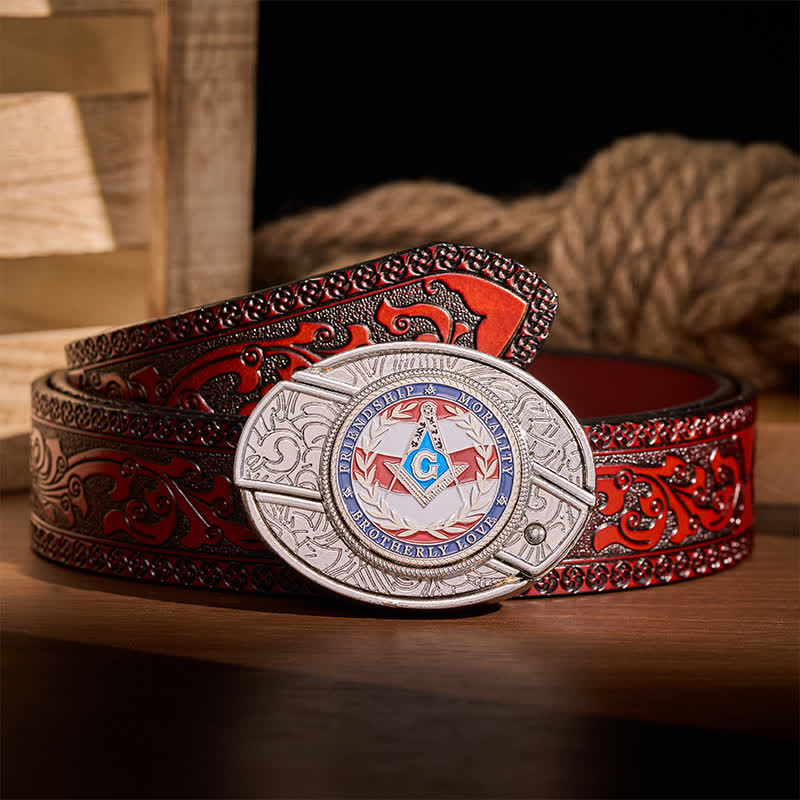 Brotherly Love Masonic Symbol DIY Hidden Folding Knife Buckle Leather Belt - Silver - Brown Carved Belt - 42 - image 6