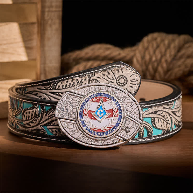 Brotherly Love Masonic Symbol DIY Hidden Folding Knife Buckle Leather Belt - Silver - Gray Floral Belt - 42 - image 8
