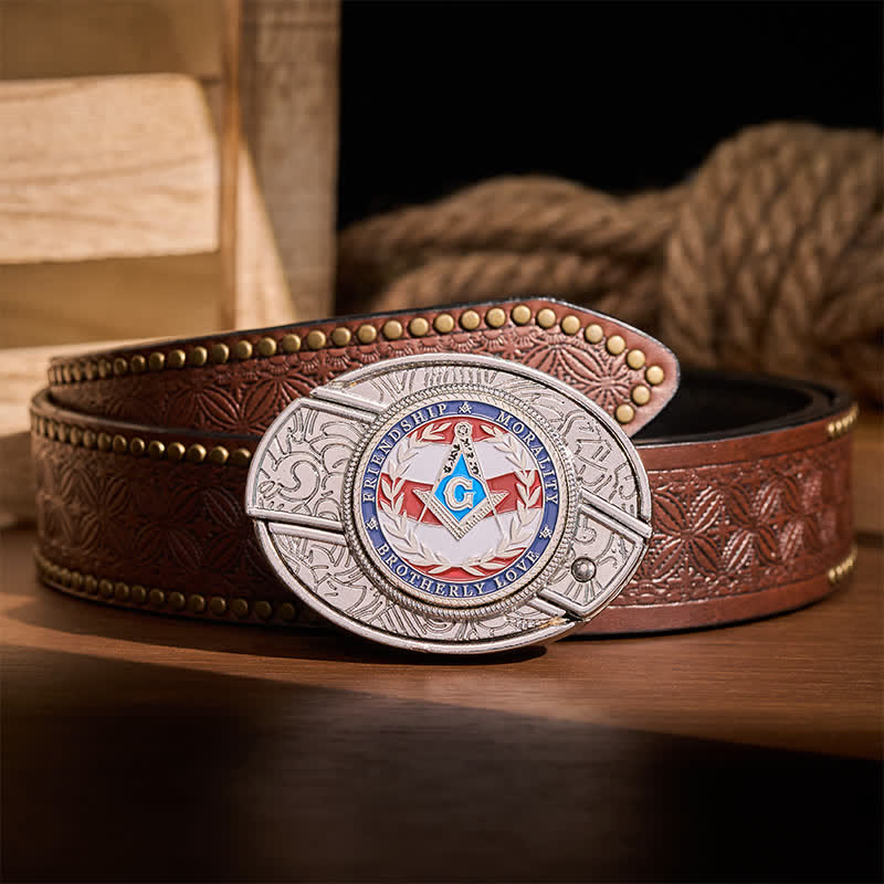 Brotherly Love Masonic Symbol DIY Hidden Folding Knife Buckle Leather Belt - Silver - Brown Rivet Belt - 42 - image 5