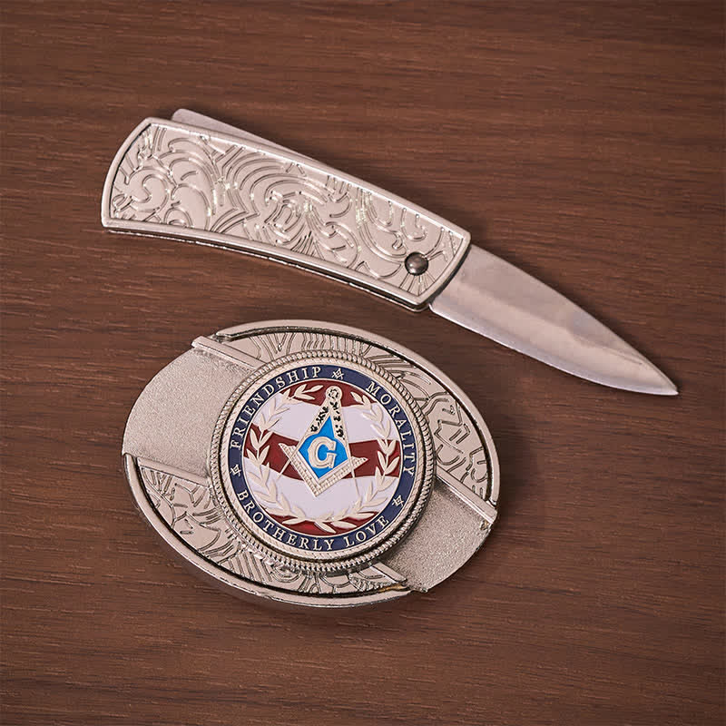 Brotherly Love Masonic Symbol DIY Hidden Folding Knife Buckle Leather Belt - image 1
