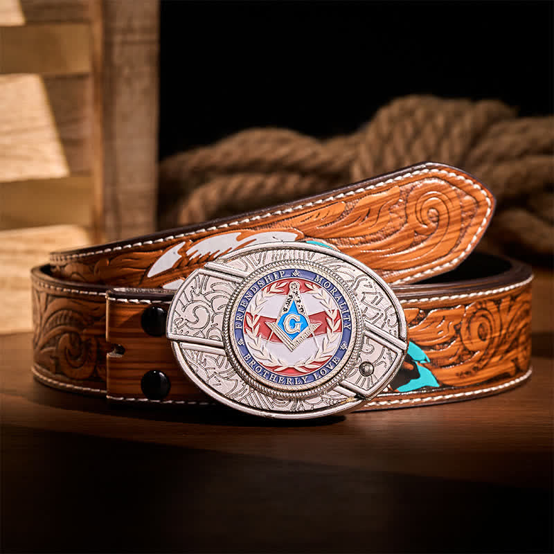 Brotherly Love Masonic Symbol DIY Hidden Folding Knife Buckle Leather Belt - Silver - Brown Feather Belt - 40 - image 7