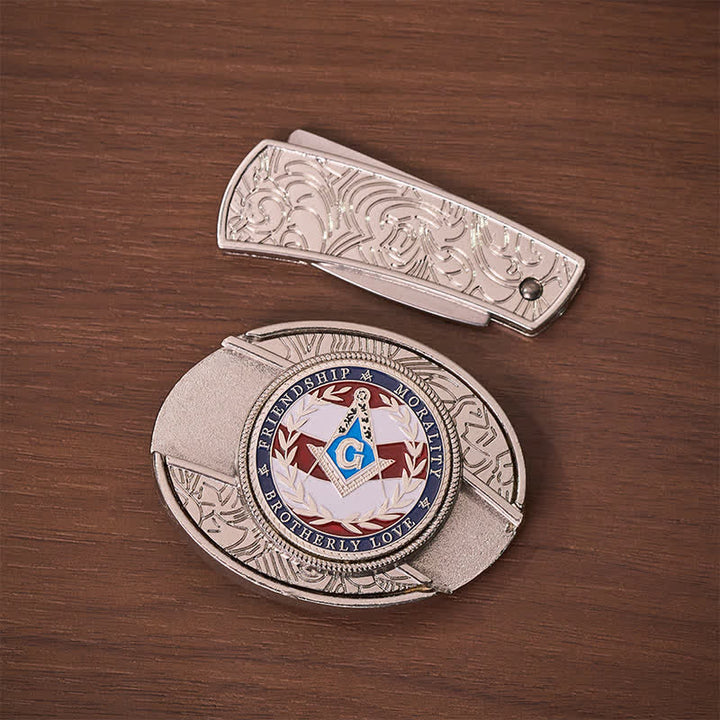 Brotherly Love Masonic Symbol DIY Hidden Folding Knife Buckle Leather Belt - image 9