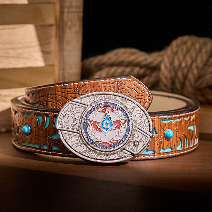 Brotherly Love Masonic Symbol DIY Hidden Folding Knife Buckle Leather Belt - Silver - Turquoise Carved Belt - 42 - image 3