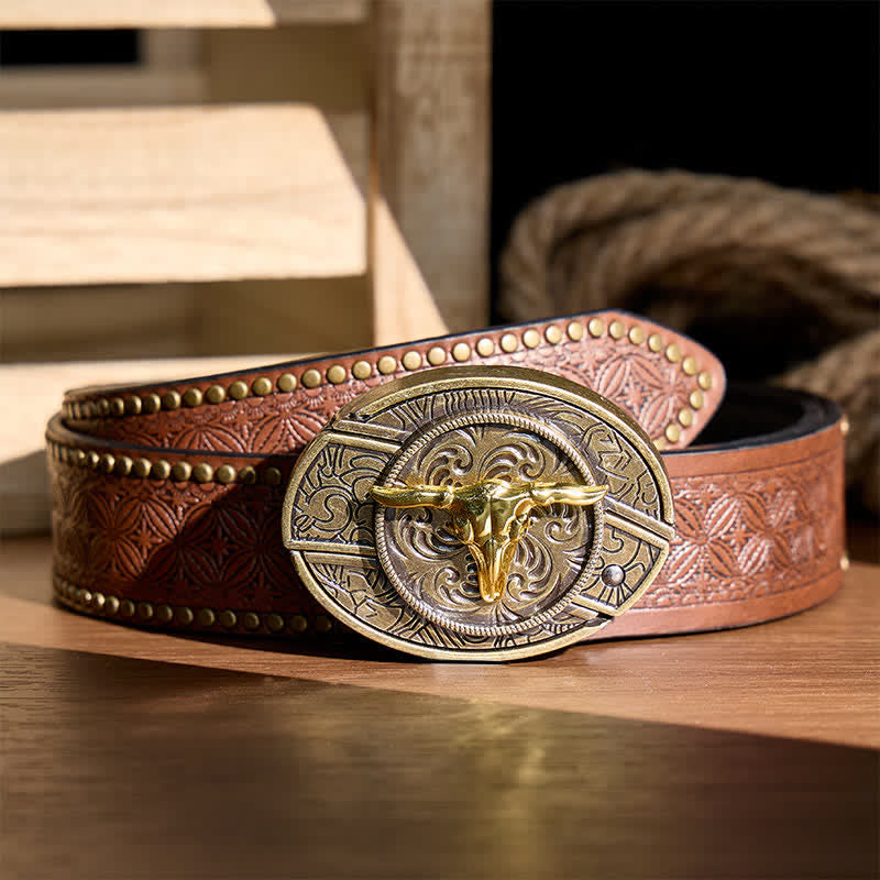 Dual-Tone Gold & Bronze Bull DIY Hidden Folding Knife Buckle Leather Belt - Bull Head - Brown Rivet Belt - 42 - image 4