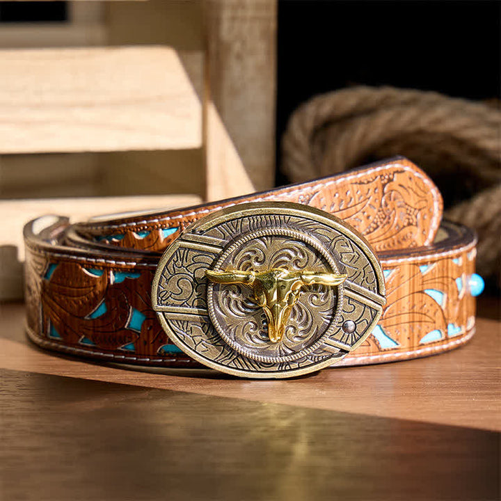 Dual-Tone Gold & Bronze Bull DIY Hidden Folding Knife Buckle Leather Belt - Bull Head - Turquoise Carved Belt - 42 - image 3