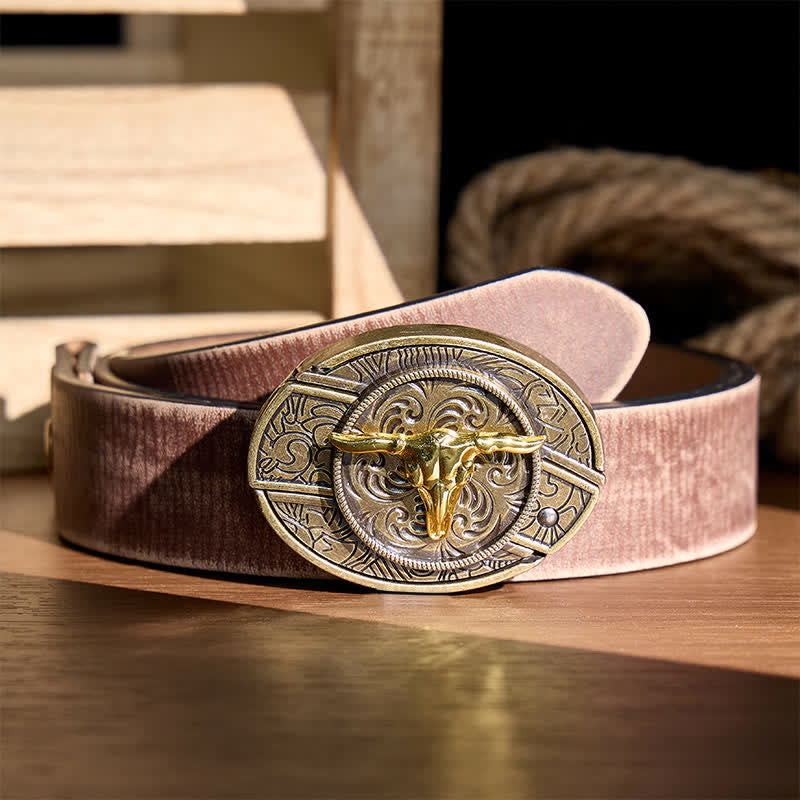 Dual-Tone Gold & Bronze Bull DIY Hidden Folding Knife Buckle Leather Belt - Bull Head - Brown Distressed Belt - 42 - image 5