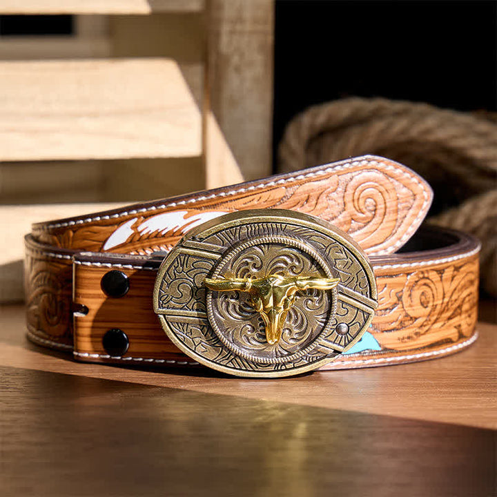 Dual-Tone Gold & Bronze Bull DIY Hidden Folding Knife Buckle Leather Belt - Bull Head - Brown Feather Belt - 40 - image 7