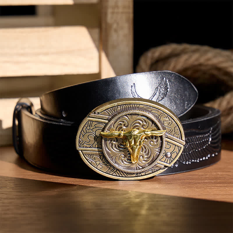 Dual-Tone Gold & Bronze Bull DIY Hidden Folding Knife Buckle Leather Belt - Bull Head - Black Embossed Eagle Belt - 42 - image 2