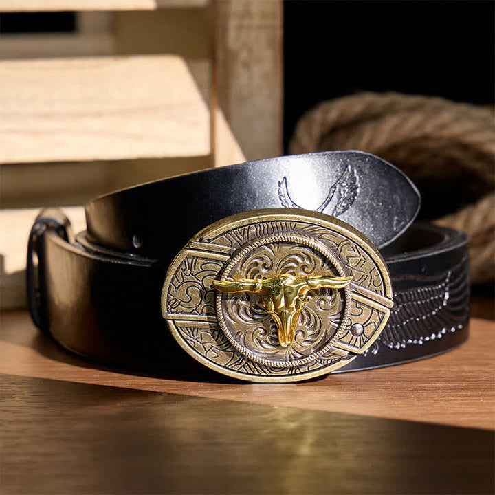 Dual-Tone Gold & Bronze Bull DIY Hidden Folding Knife Buckle Leather Belt - Bull Head - Black Embossed Eagle Belt - 42 - image 2