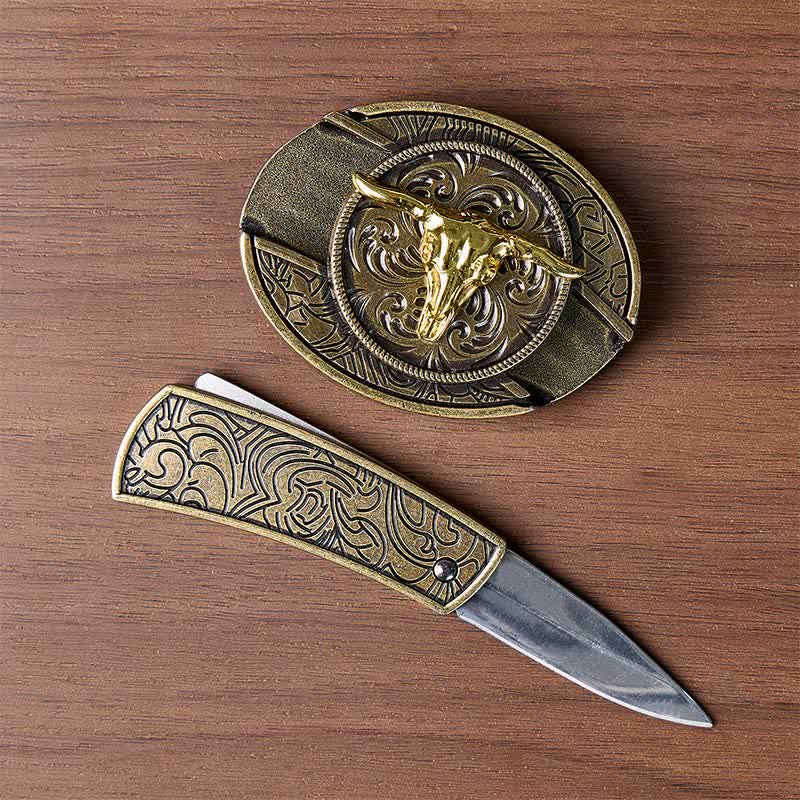 Dual-Tone Gold & Bronze Bull DIY Hidden Folding Knife Buckle Leather Belt - image 1
