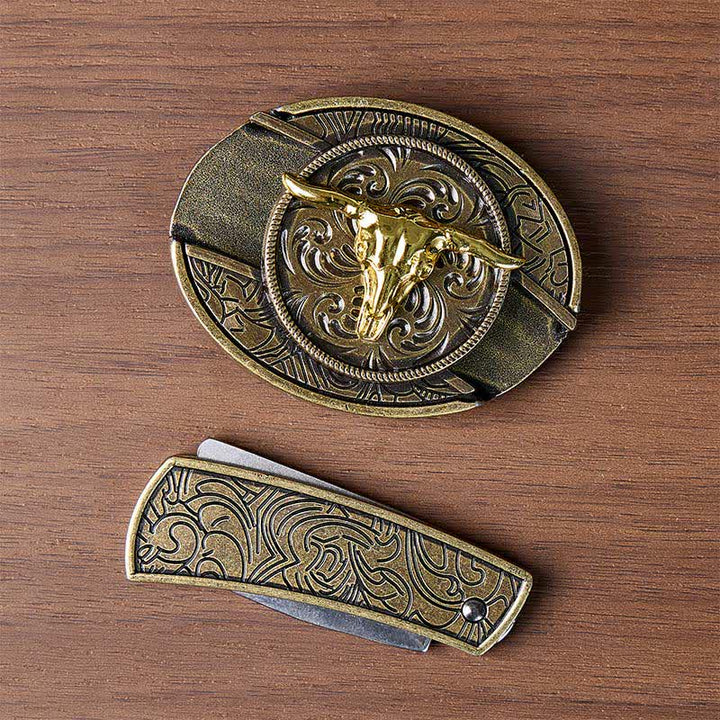 Dual-Tone Gold & Bronze Bull DIY Hidden Folding Knife Buckle Leather Belt - image 9