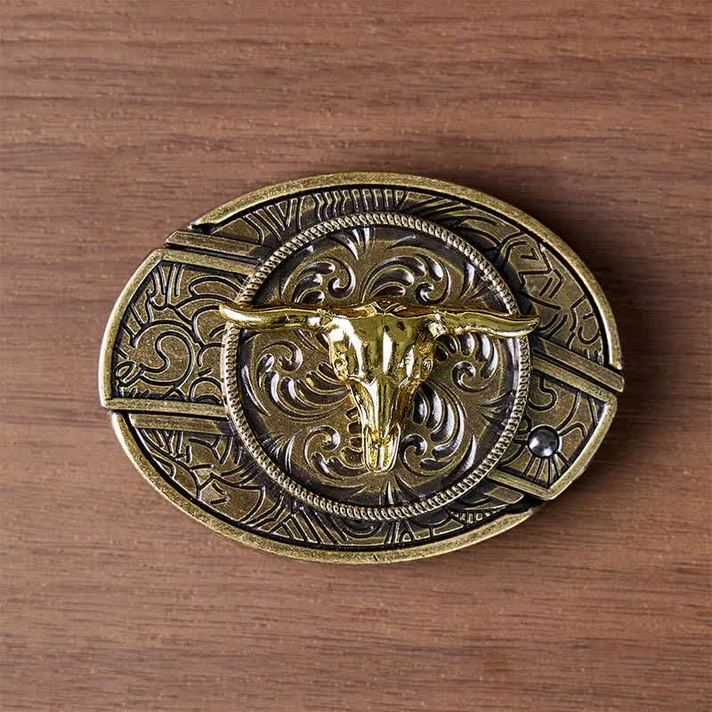 Dual-Tone Gold & Bronze Bull DIY Hidden Folding Knife Buckle Leather Belt - image 10