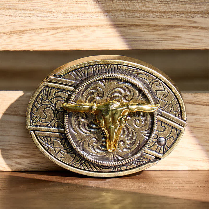 Dual-Tone Gold & Bronze Bull DIY Hidden Folding Knife Buckle Leather Belt - Bull Head - Without Belt - Not Included Belt - image 0