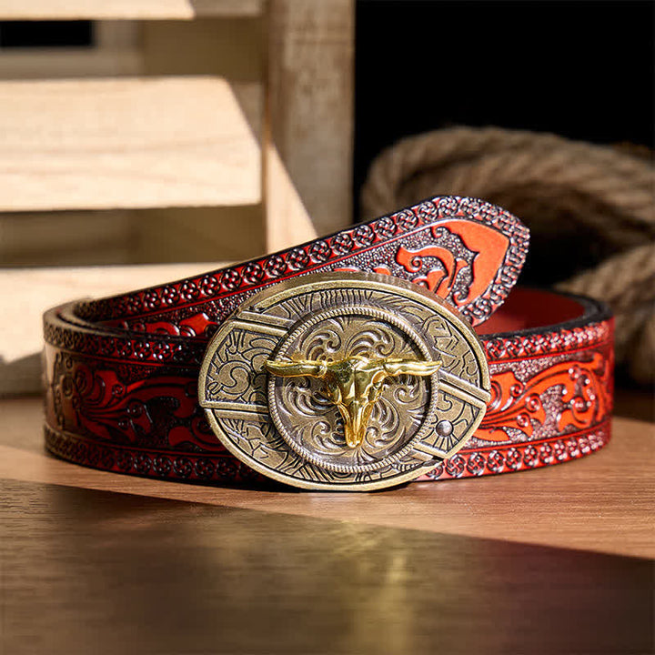 Dual-Tone Gold & Bronze Bull DIY Hidden Folding Knife Buckle Leather Belt - Bull Head - Brown Carved Belt - 42 - image 6