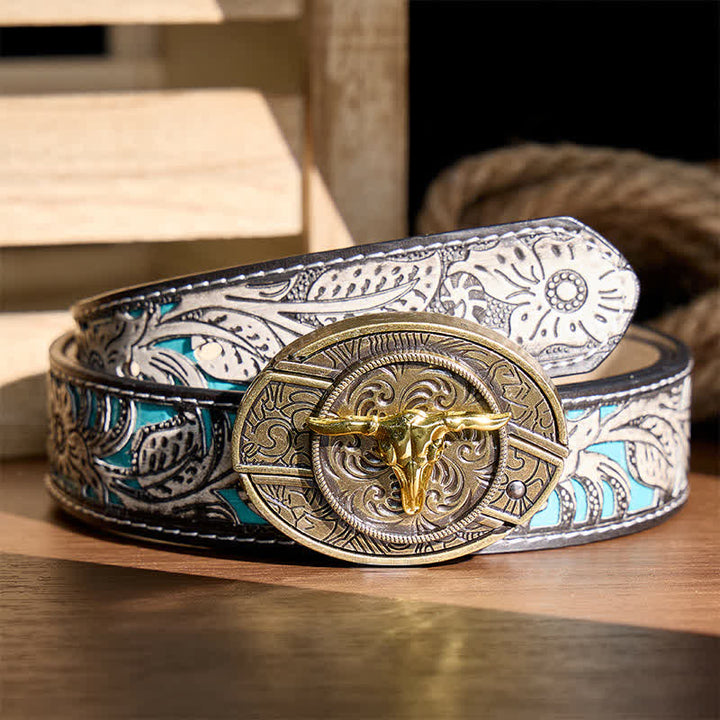 Dual-Tone Gold & Bronze Bull DIY Hidden Folding Knife Buckle Leather Belt - Bull Head - Gray Floral Belt - 42 - image 8