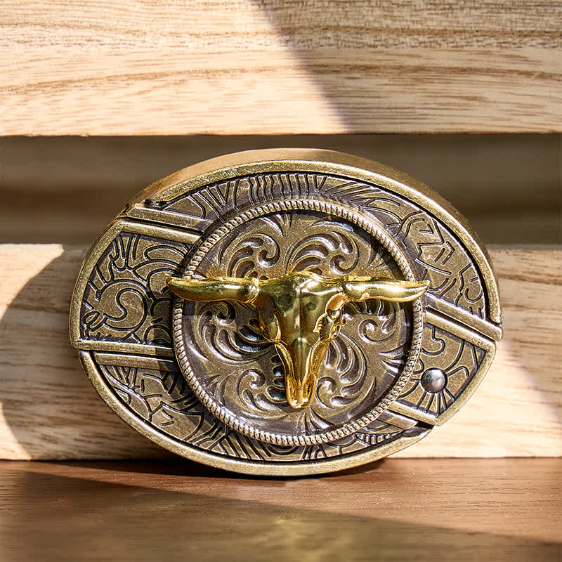 Dual-Tone Gold & Bronze Bull DIY Hidden Folding Knife Buckle Leather Belt - Bull Head - Without Belt - Not Included Belt - image 0