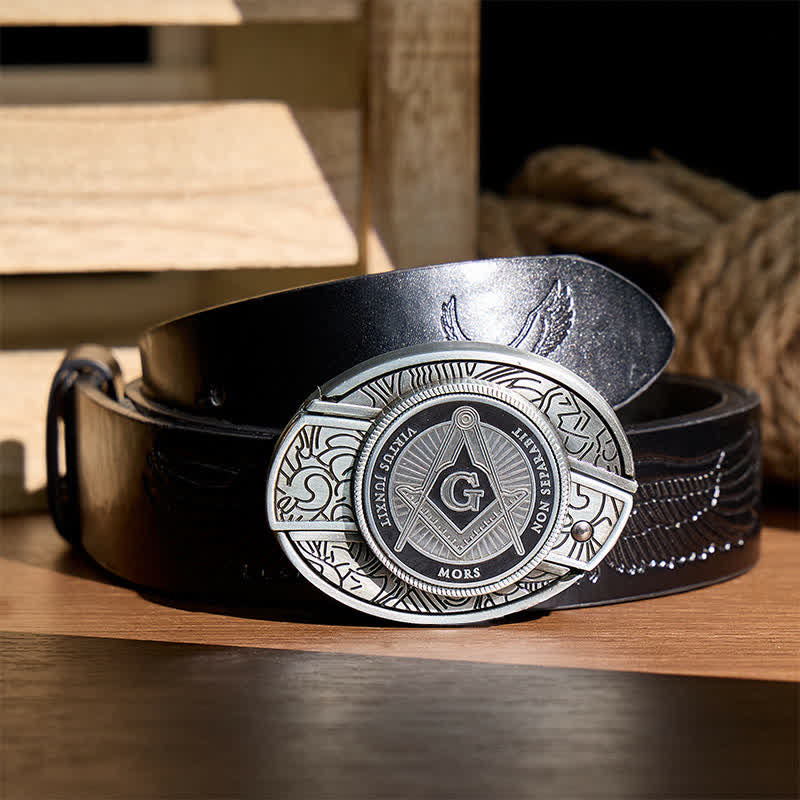 Black Enamel Freemasonry Symbol DIY Hidden Folding Knife Buckle Leather Belt - Black - Black Embossed Eagle Belt - 42 - image 2