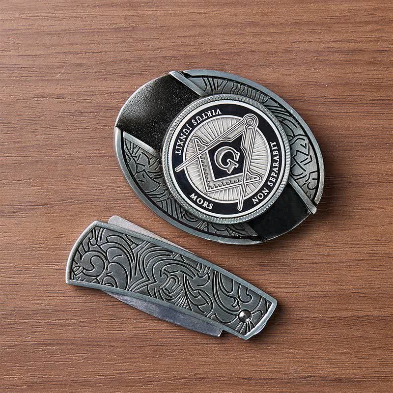 Black Enamel Freemasonry Symbol DIY Hidden Folding Knife Buckle Leather Belt - image 10