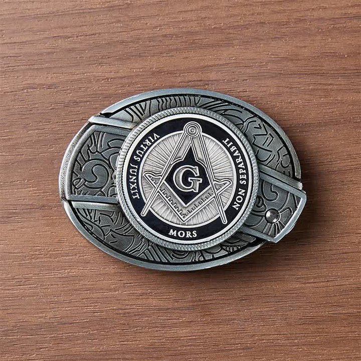 Black Enamel Freemasonry Symbol DIY Hidden Folding Knife Buckle Leather Belt - image 9