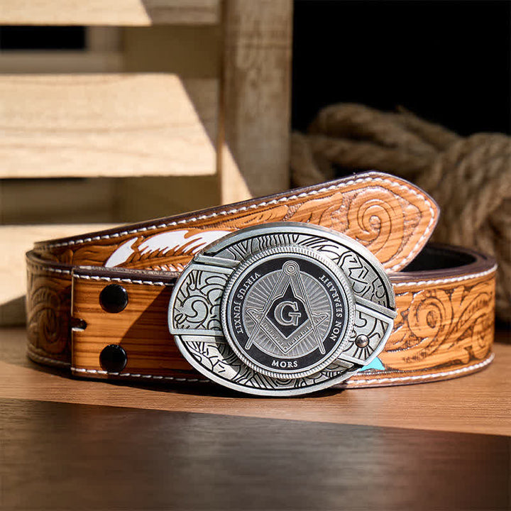 Black Enamel Freemasonry Symbol DIY Hidden Folding Knife Buckle Leather Belt - Black - Brown Feather Belt - 40 - image 7
