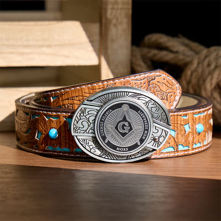 Black Enamel Freemasonry Symbol DIY Hidden Folding Knife Buckle Leather Belt - Black - Turquoise Carved Belt - 42 - image 3