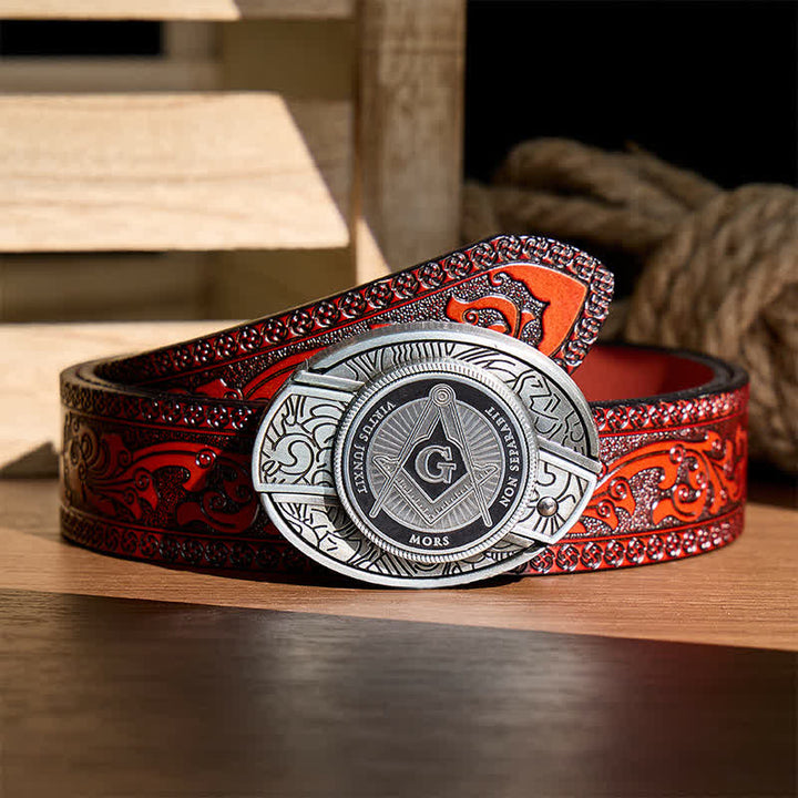 Black Enamel Freemasonry Symbol DIY Hidden Folding Knife Buckle Leather Belt - Black - Brown Carved Belt - 42 - image 6