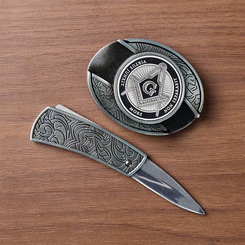 Black Enamel Freemasonry Symbol DIY Hidden Folding Knife Buckle Leather Belt - image 1