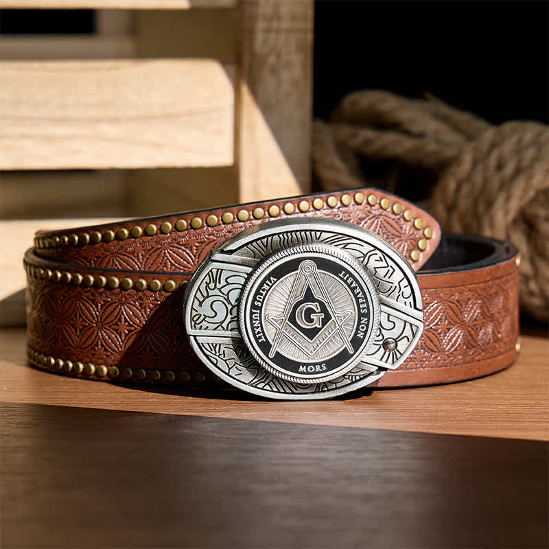 Black Enamel Freemasonry Symbol DIY Hidden Folding Knife Buckle Leather Belt - Black - Brown Rivet Belt - 42 - image 4