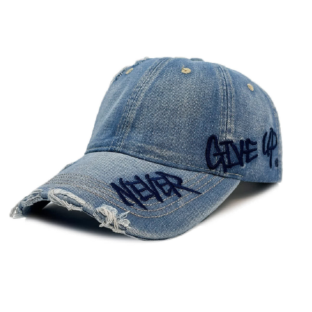 Never Give Up Embroidery Faded Denim Baseball Cap - Blue - Adjustable (21 5/8"-23 5/8") - image 0